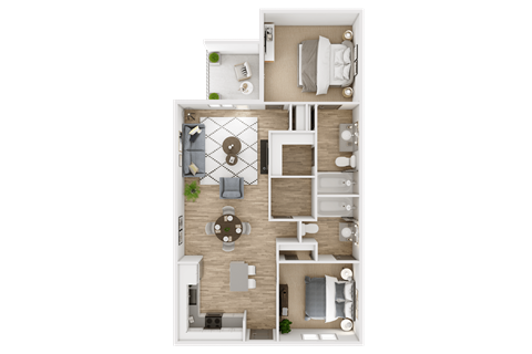 Floor plan for 2 beds, 2 baths, 1049 sqft